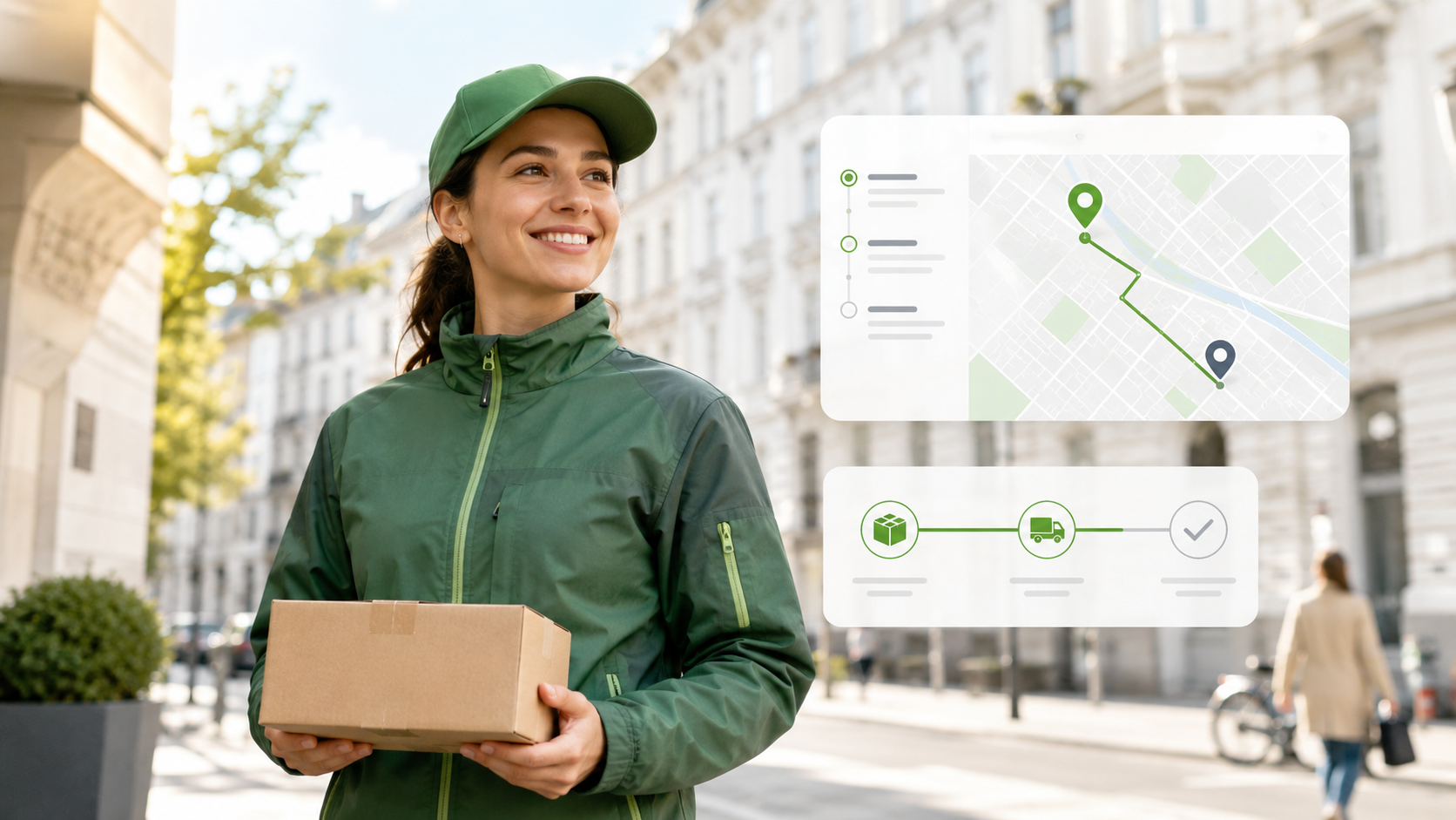 Professioneller Kurier mit kleinem Paket und smarter Routenansicht.
