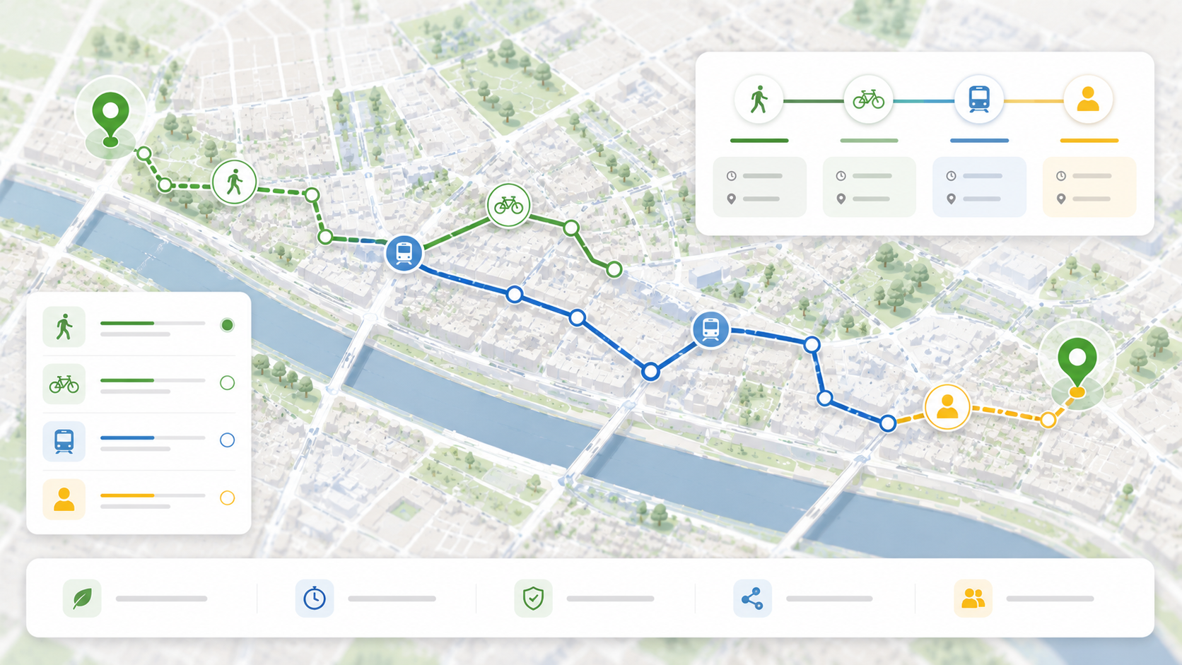 Hybride Routenansicht mit Fußweg, Fahrrad und öffentlichen Verkehrsmitteln als Option.