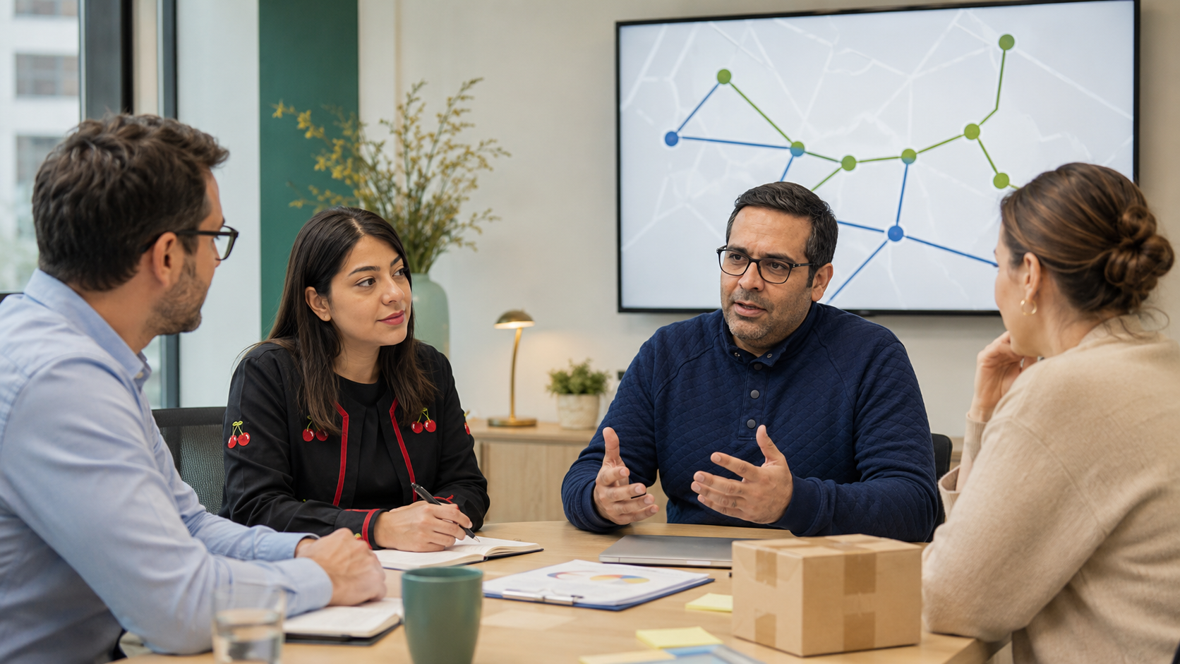 Geschäftspartner besprechen lokale Zustellung und Routenplanung.